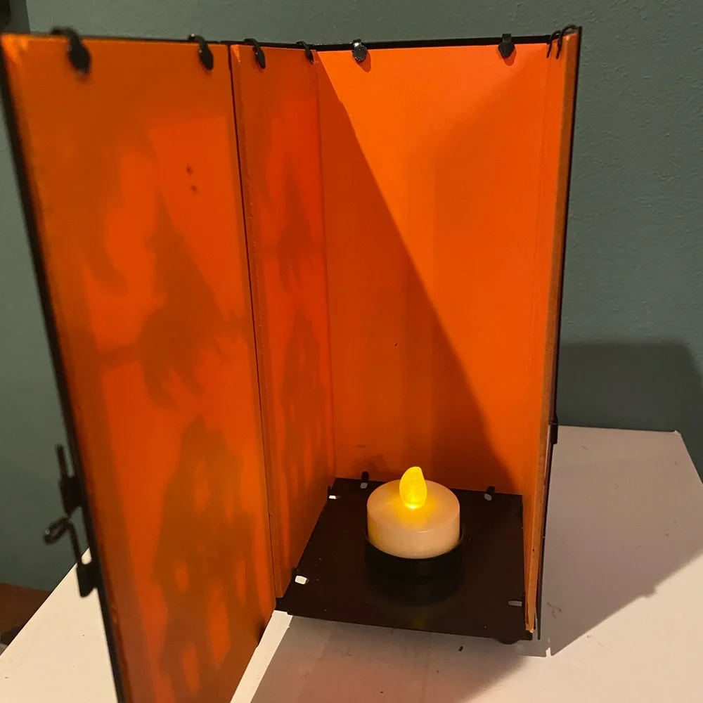 Square Halloween hurricane lantern votive holder with witch detail orange glass